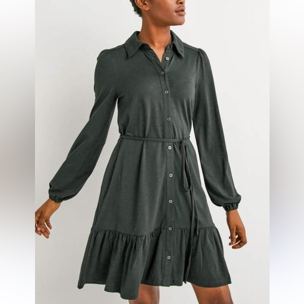 Boden Tiered Jersey Shirt Dark Green Long Sleeve Dress sz 10R